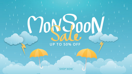 monsoon sale banner with rain background.