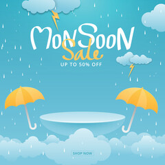 monsoon sale banner with rain background.