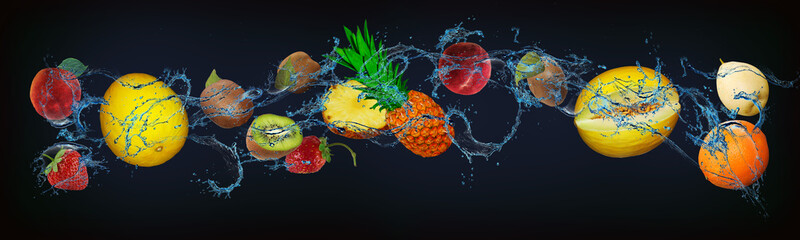 Panorama with fresh fruits in the water - peach, kiwi, pineapple, orange, pear, strawberry, melon,...