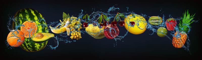 Panorama with fresh fruits in the water - pineapple, strawberry, melon, cherry, grapes, banana,...