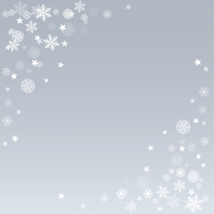 Christmas snow vector background. Falling snowflakes transparent decoration. New Year Holidays greeting card backdrop.