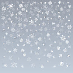 Christmas snow vector background. Falling snowflakes transparent decoration. New Year Holidays greeting card backdrop.