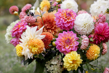 Floral composition of dahlia flowers, pink color bouquet of flowers © meegi