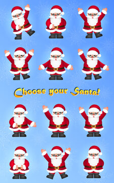 Collection of cartoon funny Santa Claus in different poses. Cheerful Santa in various poses - dancing, waving, pointing, hanging, etc. Smiling Xmas characters standing on a floor. Christmas decoration