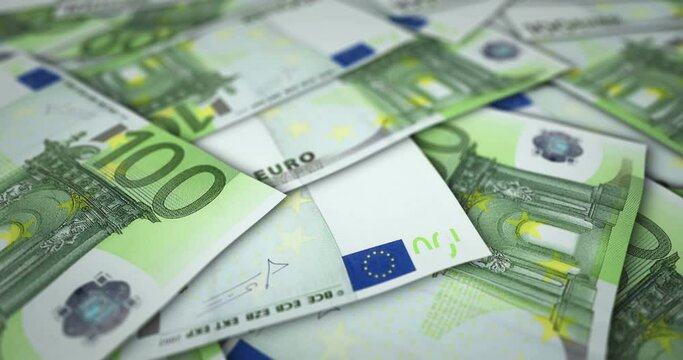 Euro 100 EUR banknote surface. Flying over European Union money note. 3D abstract concept of business, inflation, economy, finance, crisis and banking.