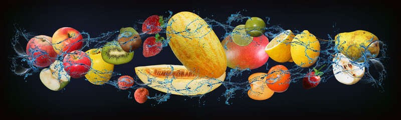 Panorama with fresh fruits in water - kiwi, melon, pear, persimmon, apple, lemon, mango, strawberry...