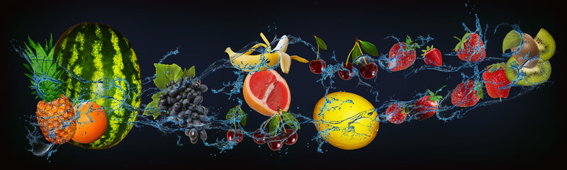 Panorama with fresh fruits in water - pineapple, orange, watermelon, cherry, melon, strawberry,...
