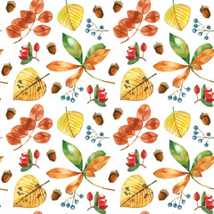 Seamless pattern of watercolor autumn leaves on a white background. Hand-painted in watercolor on a white background. Suitable for printing on fabric, paper, invitations