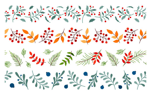 Christmas fall floral seamless border flat set. New year print pattern frame sticker stencil infinite holiday decorative ribbon scotch tape leaf berry branch evergreen plant winter vintage ornament