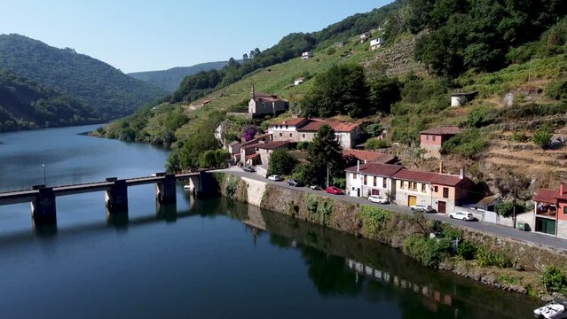 drone aerial view of Belesear and river in Ribeira Sacra. 4K