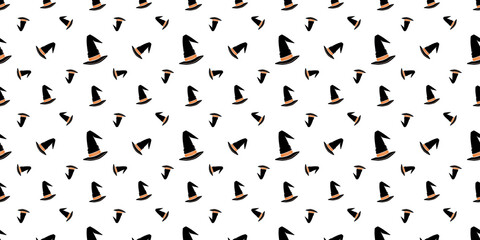 seamless Halloween drawing with witch hat, black and orange on white background
