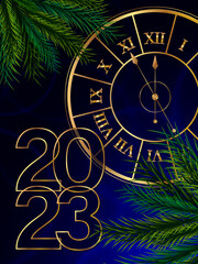 The advent of the New Year 2023 - Stylized clock and fir branches. Five minutes to midnight. Festive bright blue banner, cover, postcard or web post