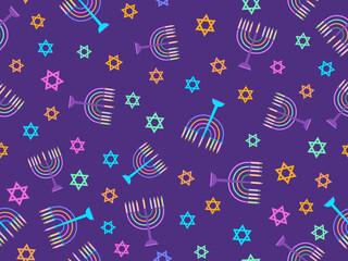 Seamless pattern with menorahs and stars of David. Menorah with nine Hanukkah candles, happy Hanukkah. Design for greeting card, banner and poster. Vector illustration
