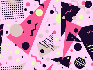 Seamless pattern with geometric shapes in 80s memphis style. Colorful geometric pattern. Design of promotional products, wrapping paper and printing. Vector illustration