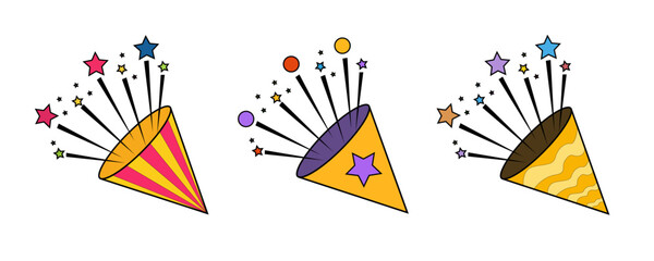 Set confetti party popper icon, fireworks logo, cap, flat design. Vector illustration isolated on white background.