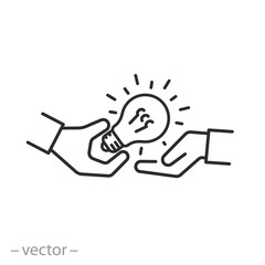 Fototapeta premium sharing creative idea, person handing over a light bulb, collaboration brainstorming, thin line symbol on white background - editable stroke vector illustration eps10