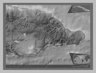 Guantanamo, Cuba. Grayscale. Labelled points of cities