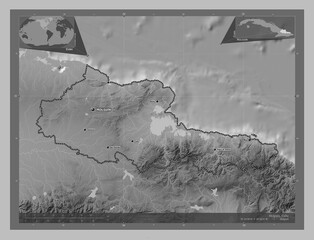 Holguin, Cuba. Grayscale. Labelled points of cities