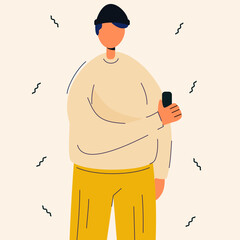A young man holds a phone and communicates on it and texts. Modern flat style. People with big bodies and small heads. Vector stock illustration.