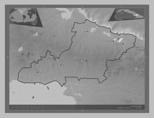 Las Tunas, Cuba. Grayscale. Labelled points of cities