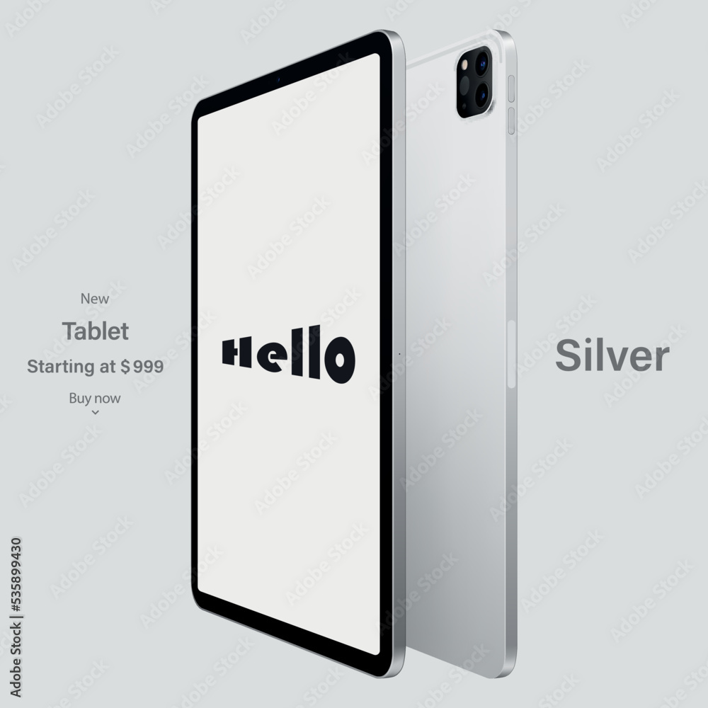 Poster tablet silver color with blank touch screen saver and backside view isolated on gray background. moc