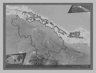 Villa Clara, Cuba. Grayscale. Labelled points of cities
