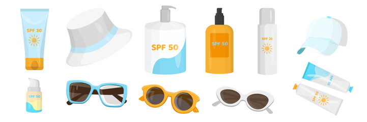 Set of sun protection devices in cartoon style. Vector illustration of sunscreen, caps, panama hats, sunglasses on white background.