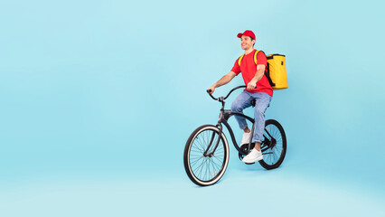 Courier Man With Backpack Riding Bike Delivering Food, Blue Background