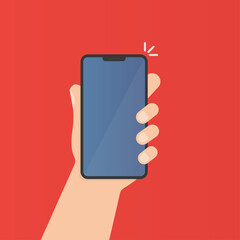 Hand holding a phone on a red background. Vector illustration