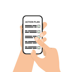 Hand holding phone with action plan. Vector illustration