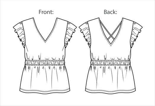 Vector sleeveless top with ruffles fashion CAD, summer woman tank top with frills and gathering on waist technical drawing, template, sketch, flat. Blouse flat, front, back view, white color