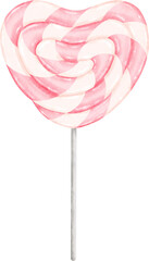 Pink heart shaped lollipop candy. Realistic art. Hand draw painted watercolor illustration.