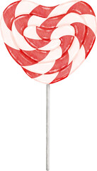 Red heart shaped lollipop candy. Realistic art. Hand draw painted watercolor illustration.