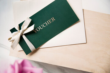gift card voucher green golden bow business  - obrazy, fototapety, plakaty