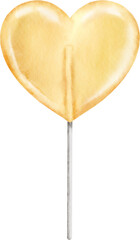 Yellow heart shaped lollipop. Realistic art. Hand draw painted watercolor illustration.