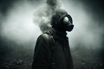 man with gas mask in apocalyptic post war environment - obrazy, fototapety, plakaty