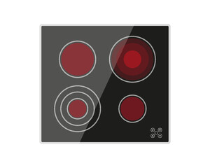 Kitchen hob induction hot touch panel black flat. Glass ceramic cooktop panel cooking without gas electric stove household modern technology equipment smooth surface burning burner red spiral isolated