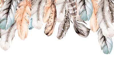 Banner with watercolor feathers. Hand drawn. Boho illustration.
