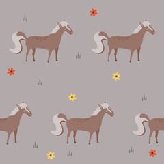 Cute cartoon horses with colorful flowers seamless pattern