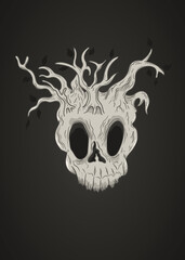 Skull head tree with black leaves halloween cartoon vector illustration drawing