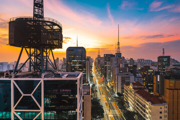 View of Sao Paulo City and Paulista Avenue by Sunset