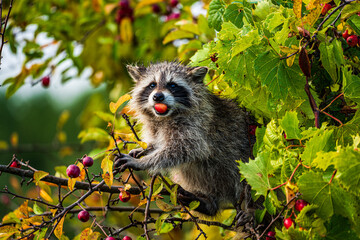 Raccoon Feeding in a Berry Tree