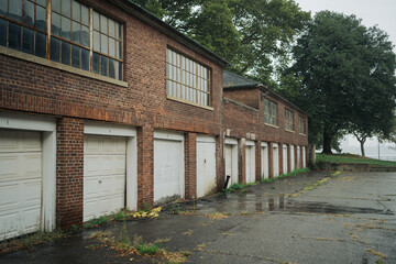Old brick garage on Governors Island, Manhattan, New York