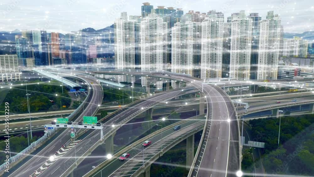Aufkleber Aerial grid connection of smart city, data evolution and digital transformation in global innovation. Future technology abstract, networking iot cityscape and graphic cyber web infrastructure overlay