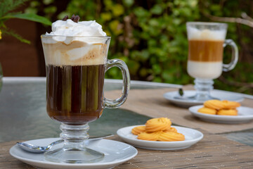 Typical peruvian food and drinks, cappuccino and coffee beverages