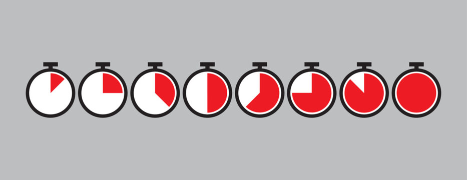 Set Of Stopwatch Icons With Red Dials. Countdown Timer Animation. Flat Style Timer Icons. Vector Illustration.