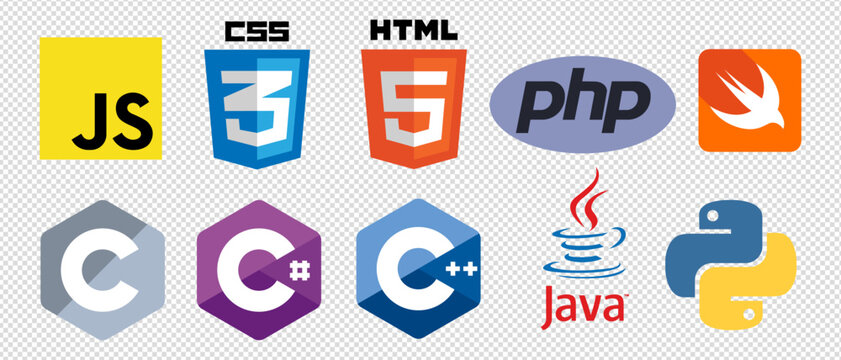 Set of 10 programming language logo vector icons: CSS, HTML, Javascript, Java, PHP, C, C++, C#, Swift, Python. Isolated editorial illustration on transparent background