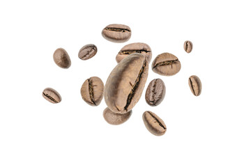 Coffee beans fall background. Black espresso coffee bean falling. Aromatic grain flying isolated on...