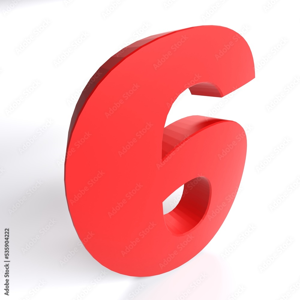 Poster number 6 in red color isolated on white background - 3d rendering illustration