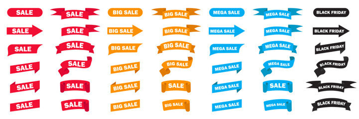 Sale and Black Friday, Big Sale, Mega sale. Banners for the sale of discount offers. Stickers with the best prices. Promotional banner templates. Vector